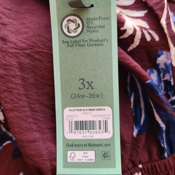 Terra & Sky Women's Plus Flutter Sleeve Midi Tiered Dress Maroon Floral Size 3X - Picture 14 of 15